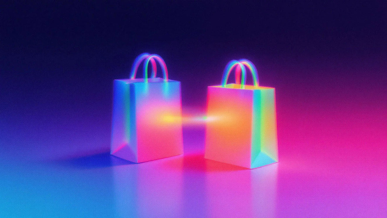Image of two shopping bags connected together, symbolising agentic commerce with Shopify